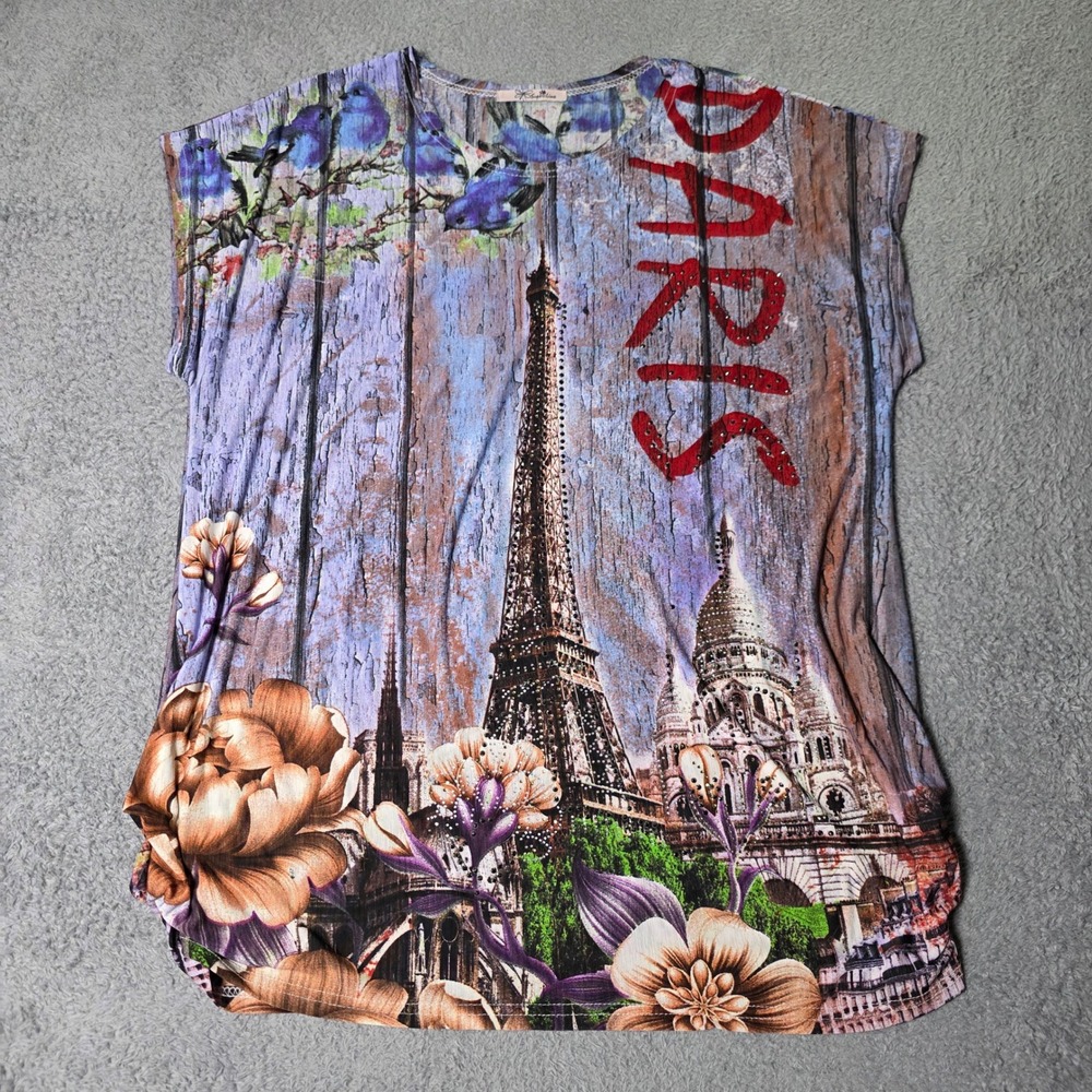Superline Womens OS Paris Eiffel Tower Graphic Top Multicolor Rhinestone Ruched